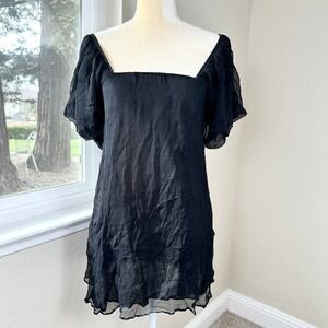 Anne Fontaine Cruz Short Black Crinkle Cotton Puff Sleeve Mini Dress 38 Romantic